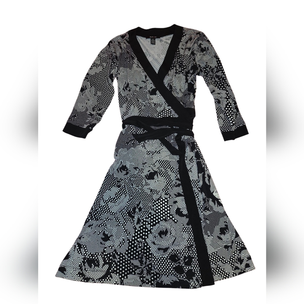 Style & Co Women's Black White Print Wrap Dress Size M
